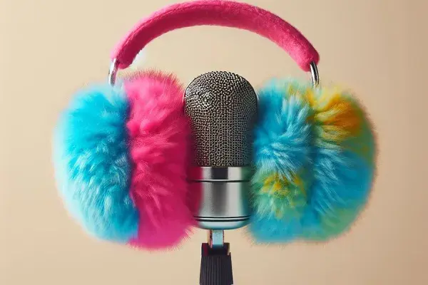 Pink and blue earmuffs placed on a microphone.