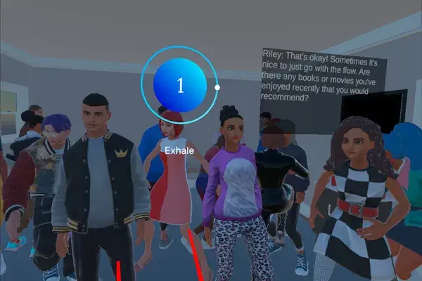 An scene from a virtual reality environment shows a room of animated people in a simulated party environment.