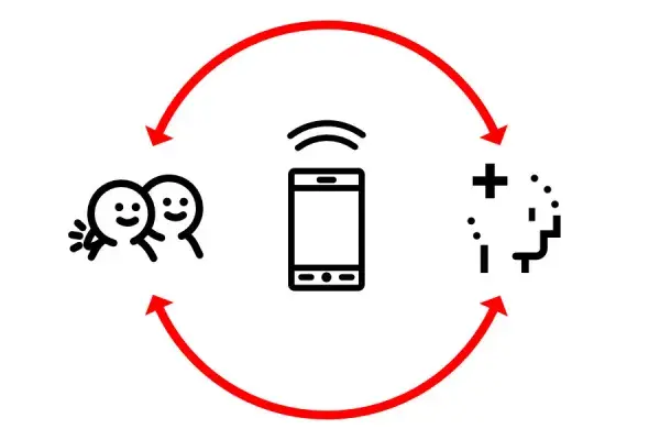 sensing relationships icon: a continuous loop between a person and their friends with a mobile phone in the middle
