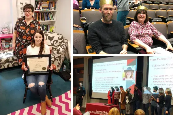 Collage of 3 photos from the SCS awards ceremony. Queenie and Geoff wearing gold crowns, Queenie and group on stage, Diana and Jessica with her award in Jessica's office afterward