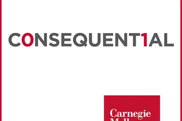 the white square Consequential podcast logo, Carnegie Mellon University