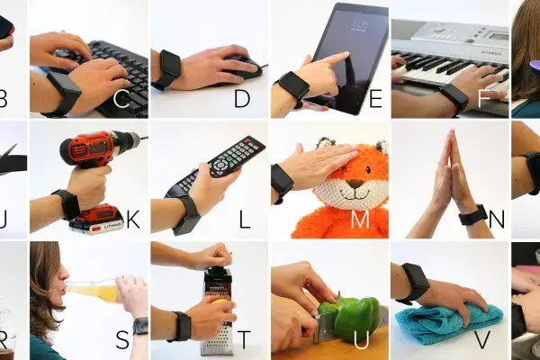 collage of 20+ hand gestures recognized and logged by the sensors