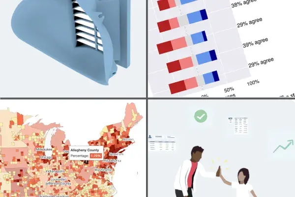 4 images: 3D printed mask, a chart, illustration of student high fiveing teacher & US map counties