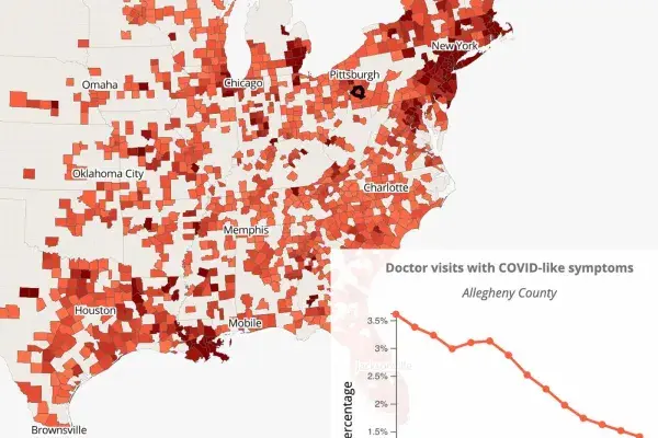 screenshot of the COVIDcast website: a map of the US with counties colored to show variations in COVID data