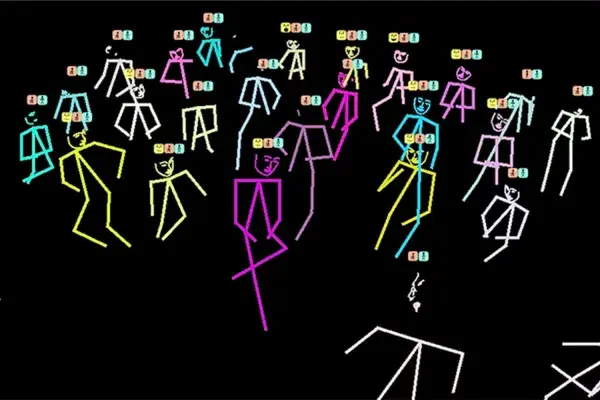 graphic with multicolored stick figures on a black background, representative of an actual classroom of students at their desks