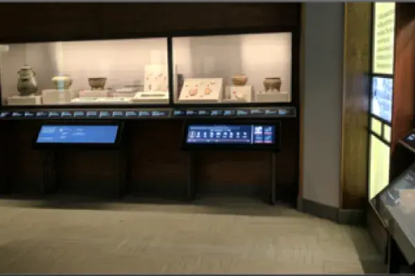 the Bronze Age Innovations display with digital rails in the front at the Field Museum 