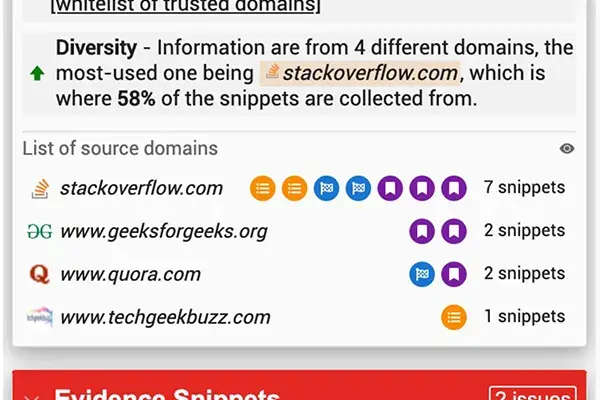 screenshot of tool that measures context, trustworthiness and thoroughness of content