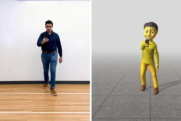 side by side images of Karan holding cellphone and sensor-generated version
