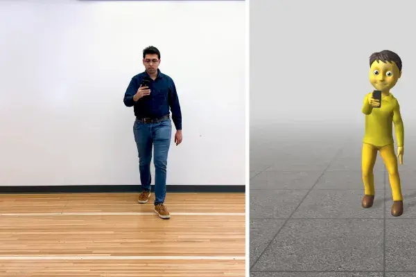 side by side images of Karan holding cellphone and sensor-generated version